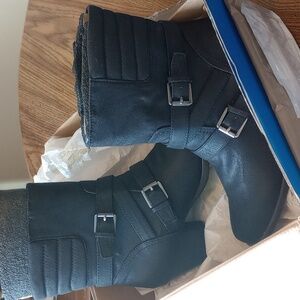 Brand new in box stylish black boots with double silver buckles
